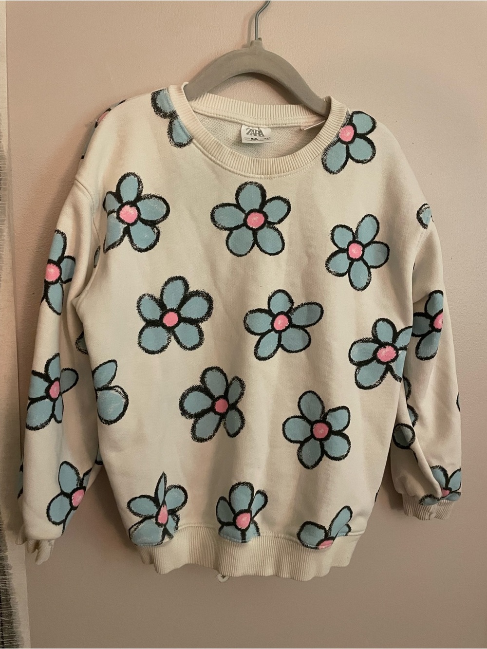 Zara Cream Floral Crewneck Sweatshirt with Blue & Pink Flowers